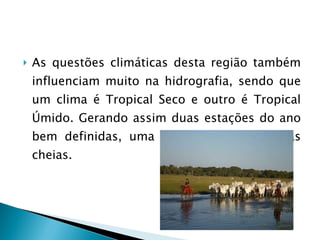 As questões climáticas desta região também influenciam muito na hidrografia, sendo que um clima é Tropical Seco e outro é Tropical Úmido. Gerando assim duas estações do ano bem definidas, uma das secas e outra das cheias.  