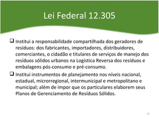 Lei Federal 12.305
 Institui a responsabilidade compartilhada dos geradores de
resíduos: dos fabricantes, importadores, distribuidores,
comerciantes, o cidadão e titulares de serviços de manejo dos
resíduos sólidos urbanos na Logística Reversa dos resíduos e
embalagens pós-consumo e pré-consumo.
 Institui instrumentos de planejamento nos níveis nacional,
estadual, microrregional, intermunicipal e metropolitano e
municipal; além de impor que os particulares elaborem seus
Planos de Gerenciamento de Resíduos Sólidos.
22
 