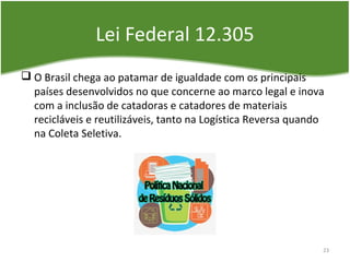 Lei Federal 12.305
 O Brasil chega ao patamar de igualdade com os principais
países desenvolvidos no que concerne ao marco legal e inova
com a inclusão de catadoras e catadores de materiais
recicláveis e reutilizáveis, tanto na Logística Reversa quando
na Coleta Seletiva.
23
 