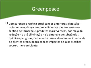 Greenpeace
 Comparando o ranking atual com os anteriores, é possível
notar uma mudança nos procedimentos das empresas no
sentido de tornar seus produtos mais “verdes”, por meio da
redução – e até eliminação – do emprego de substâncias
químicas perigosas, certamente buscando atender à demanda
de clientes preocupados com os impactos de suas escolhas
sobre o meio ambiente.
33
 