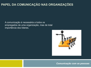 PAPEL DA COMUNICAÇÃO NAS ORGANIZAÇÕES
Comunicação com as pessoas
A comunicação é necessária a todos os
empregados de uma organização, mas de total
importância dos líderes.
 