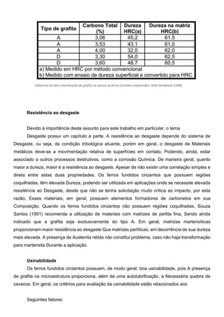 Resistência ao desgaste
Devido à importância deste assunto para este trabalho em particular, o tema
Desgaste possui um capítulo à parte. A resistência ao desgaste depende do sistema de
Desgaste, ou seja, da condição tribológica atuante, porém em geral, o desgaste de Materiais
metálicos deve-se a movimentação relativa de superfícies em contato, Podendo, ainda, estar
associado a outros processos destrutivos, como a corrosão Química. De maneira geral, quanto
maior a dureza, maior é a resistência ao desgaste, Apesar de não existir uma correlação simples e
direta entre estas duas propriedades. Os ferros fundidos cinzentos que possuem regiões
coquilhadas, têm elevada Dureza, podendo ser utilizada em aplicações onde se necessite elevada
resistência ao Desgaste, desde que não se tenha solicitação muito crítica ao impacto, por esta
razão, Esses materiais, em geral, possuem elementos formadores de carbonetos em sua
Composição. Quando os ferros fundidos cinzentos não possuem regiões coquilhadas, Souza
Santos (1991) recomenda a utilização de materiais com matrizes de perlita fina, Sendo ainda
indicado que a grafita seja exclusivamente do tipo A. Em geral, matrizes martensíticas
proporcionam maior resistência ao desgaste Que matrizes perlíticas, em decorrência de sua dureza
mais elevada. A presença de Austenita retida não constitui problema, caso não haja transformação
para martensita Durante a aplicação.
Usinabilidade
Os ferros fundidos cinzentos possuem, de modo geral, boa usinabilidade, pois A presença
de grafita na microestrutura proporciona, além de uma autolubrificação, a Necessária quebra de
cavacos. Em geral, os critérios para avaliação da usinabilidade estão relacionados aos
Seguintes fatores:
Influencia do tipo e distribuição da grafita na dureza de ferros fundidos endurecidos. ASM Handbook (1998)
 