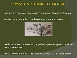 Os incêndios florestais são um dos principais inimigos da floresta.  Destroem num instante o que levou muitos anos a crescer.  Infelizmente eles acontecem, e podem aparecer quando e onde menos se espera.  Temos que estar sempre alerta e preparados par lhe fazer frente.  COMBATE A INCÊNDIOS FLORESTAIS 