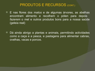 Dá ainda abrigo a plantas e animais, permitindo actividades  como  a caça e a pesca, e pastagens para alimentar cabras, ovelhas, vacas e porcos.   E nas flores dos  matos  e de algumas árvores, as abelhas encontram alimento e recolhem o pólen para depois  fazerem  o mel e outros produtos bons para a nossa saúde (geleia real)  PRODUTOS E RECURSOS  (CONT.) 
