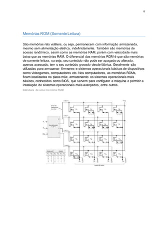 6
Memórias ROM (Somente Leitura)
São memórias não voláteis, ou seja, permanecem com informação armazenada,
mesmo sem alimentação elétrica, indefinidamente. Também são memórias de
acesso randômico, assim como as memórias RAM, porém com velocidade mais
baixa que as memórias RAM. O diferencial das memórias ROM é que são memórias
de somente leitura, ou seja, seu conteúdo não pode ser apagado ou alterado,
apenas acessado, tem o seu conteúdo gravado desde fábrica. Geralmente são
utilizadas para armazenar firmwares e sistemas operacionais básicos de dispositivos
como videogames, computadores etc. Nos computadores, as memórias ROMs,
ficam localizadas na placa mãe, armazenando os sistemas operacionais mais
básicos, conhecidos como BIOS, que servem para configurar a máquina e permitir a
instalação de sistemas operacionais mais avançados, entre outros.
Estrutura de uma memória ROM
 