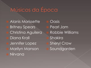 Alanis Morissette
 Britney Spears
 Christina Aguilera
 Diana Krall
 Jennifer Lopez
 Marilyn Manson
 Nirvana


Oasis
 Pearl Jam
 Robbie Williams
 Shakira
 Sheryl Crow
 Soundgarden


 