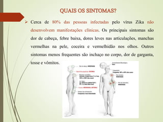  Cerca de 80% das pessoas infectadas pelo vírus Zika não
desenvolvem manifestações clínicas. Os principais sintomas são
dor de cabeça, febre baixa, dores leves nas articulações, manchas
vermelhas na pele, coceira e vermelhidão nos olhos. Outros
sintomas menos frequentes são inchaço no corpo, dor de garganta,
tosse e vômitos.
 