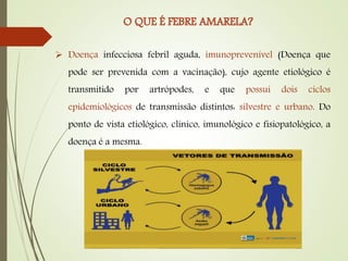  Doença infecciosa febril aguda, imunoprevenível (Doença que
pode ser prevenida com a vacinação), cujo agente etiológico é
transmitido por artrópodes, e que possui dois ciclos
epidemiológicos de transmissão distintos: silvestre e urbano. Do
ponto de vista etiológico, clínico, imunológico e fisiopatológico, a
doença é a mesma.
 