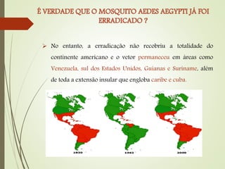  No entanto, a erradicação não recobriu a totalidade do
continente americano e o vetor permaneceu em áreas como
Venezuela, sul dos Estados Unidos, Guianas e Suriname, além
de toda a extensão insular que engloba caribe e cuba.
 