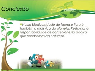 Conclusão
Nossa biodiversidade de fauna e flora é
também a mais rica do planeta. Resta-nos a
responsabilidade de conservar essa dádiva
que recebemos da natureza.
 