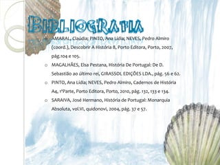 o AMARAL, Claúdia; PINTO, Ana Lídia; NEVES, Pedro Almiro
   (coord.), Descobrir A História 8, Porto Editora, Porto, 2007,
   pág.104 e 105.
o MAGALHÃES, Elsa Pestana, História De Portugal: De D.
   Sebastião ao último rei, GIRASSOL EDIÇÕES LDA., pág. 56 e 62.
o PINTO, Ana Lídia; NEVES, Pedro Almiro, Cadernos de História
   A4, 1ªParte, Porto Editora, Porto, 2010, pág. 132, 133 e 134.
o SARAIVA, José Hermano, História de Portugal: Monarquia
   Absoluta, vol.VI, quidonovi, 2004, pág. 37 e 57.
 