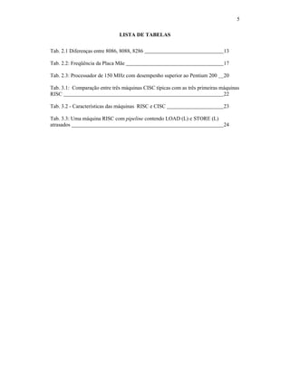 5
LISTA DE TABELAS
Tab. 2.1 Diferenças entre 8086, 8088, 8286 13
Tab. 2.2: Freqüência da Placa Mãe 17
Tab. 2.3: Processador de 150 MHz com desempenho superior ao Pentium 200 20
Tab. 3.1: Comparação entre três máquinas CISC típicas com as três primeiras máquinas
RISC 22
Tab. 3.2 - Características das máquinas RISC e CISC 23
Tab. 3.3: Uma máquina RISC com pipeline contendo LOAD (L) e STORE (L)
atrasados 24
 