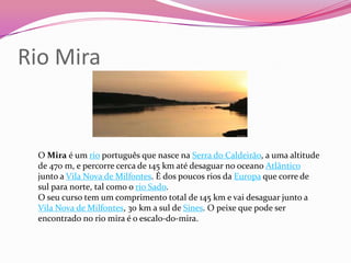 Rio Mira


 O Mira é um rio português que nasce na Serra do Caldeirão, a uma altitude
 de 470 m, e percorre cerca de 145 km até desaguar no oceano Atlântico
 junto a Vila Nova de Milfontes. É dos poucos rios da Europa que corre de
 sul para norte, tal como o rio Sado.
 O seu curso tem um comprimento total de 145 km e vai desaguar junto a
 Vila Nova de Milfontes, 30 km a sul de Sines. O peixe que pode ser
 encontrado no rio mira é o escalo-do-mira.
 