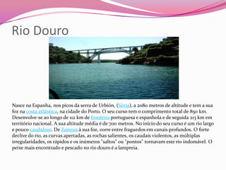 Rio Douro




Nasce na Espanha, nos picos da serra de Urbión, (Sória), a 2080 metros de altitude e tem a sua
foz na costa atlântica, na cidade do Porto. O seu curso tem o comprimento total de 850 km.
Desenvolve-se ao longo de 112 km de fronteira portuguesa e espanhola e de seguida 213 km em
território nacional. A sua altitude média é de 700 metros. No início do seu curso é um rio largo
e pouco caudaloso. De Zamora à sua foz, corre entre fraguedos em canais profundos. O forte
declive do rio, as curvas apertadas, as rochas salientes, os caudais violentos, as múltiplas
irregularidades, os rápidos e os inúmeros "saltos" ou "pontos" tornavam este rio indomável. O
peixe mais encontrado e pescado no rio douro é a lampreia.
 