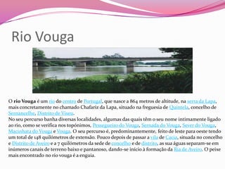 Rio Vouga


O rio Vouga é um rio do centro de Portugal, que nasce a 864 metros de altitude, na serra da Lapa,
mais concretamente no chamado Chafariz da Lapa, situado na freguesia de Quintela, concelho de
Sernancelhe, Distrito de Viseu.
No seu percurso banha diversas localidades, algumas das quais têm o seu nome intimamente ligado
ao rio, como se verifica nos topónimos, Pessegueiro do Vouga, Sernada do Vouga, Sever do Vouga,
Macinhata do Vouga e Vouga. O seu percurso é, predominantemente, feito de leste para oeste tendo
um total de 148 quilómetros de extensão. Pouco depois de passar a vila de Cacia, situada no concelho
e Distrito de Aveiro e a 7 quilómetros da sede de concelho e de distrito, as sua águas separam-se em
inúmeros canais de terreno baixo e pantanoso, dando-se início à formação da Ria de Aveiro. O peixe
mais encontrado no rio vouga é a enguia.
 