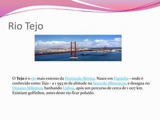 Rio Tejo



O Tejo é o rio mais extenso da Península Ibérica. Nasce em Espanha - onde é
conhecido como Tajo - a 1 593 m de altitude na Serra de Albarracín, e desagua no
Oceano Atlântico, banhando Lisboa, após um percurso de cerca de 1 007 km.
Existiam golfinhos, antes deste rio ficar poluído.
 