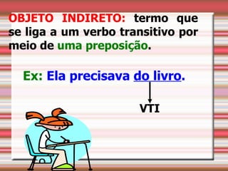 OBJETO INDIRETO: termo que
se liga a um verbo transitivo por
meio de uma preposição.
   

  Ex: Ela precisava do livro.

                      VTI
 
