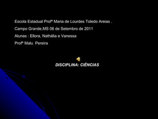Escola Estadual Profª Maria de Lourdes Toledo Areias . Campo Grande,MS 06 de Setembro de 2011 Alunas : Ellora, Nathália e Vanessa Profª Malu  Pereira DISCIPLINA: CIÊNCIAS 
