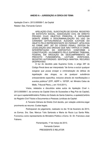 22

ANEXO A – JURISDIÇÃO A CERCA DO TEMA

Apelação Cível n. 2013.000089-7, da Capital
Relator: Des. Fernando Carioni
APELAÇÃO CÍVEL. SUSCITAÇÃO DE DÚVIDA. REGISTRO
DE ESTATUTO SOCIAL. ASSOCIAÇÃO CIVIL DE DIREITO
PRIVADO CUJO OBJETIVO PRINCIPAL É INSTAURAR
DEBATE SOBRE A DESCRIMINALIZAÇÃO DO USO DA
CANNABIS SATIVALINNAEUS. ALEGADA ILICITUDE DO
OBJETO PELO REPRESENTANTE DO PARQUET. APOLOGIA
AO CRIME (ART. 287 DO CÓDIGO PENAL). DEFESA DA
LEGALIZAÇÃO DAS DROGAS QUE NÃO TIPIFICA O CRIME.
INTERPRETAÇÃO DO DISPOSITIVO CONFORME A
CONSTITUIÇÃO. JULGAMENTO PELO SUPREMO TRIBUNAL
FEDERAL EM ARGUIÇÃO DE DESCUMPRIMENTO DE
PRECEITO
FUNDAMENTAL.
LICITUDE
VERIFICADA.
REGISTRO AUTORIZADO. SENTENÇA MANTIDA. RECURSO
DESPROVIDO.
À luz do decidido pela Suprema Corte, o artigo 287 do
Código Penal deve ser interpretado "de forma a excluir qualquer
exegese que possa ensejar a criminalização da defesa da
legalização

das

drogas,

ou

de

qualquer

substância

entorpendente específica, inclusive através de manifestações e
eventos públicos" (STF, ADPF n. 187/DF, rel. Ministro Celso de
Mello, Tribunal Pleno, j. em 15-6-2011).
Vistos, relatados e discutidos estes autos de Apelação Cível n.
2013.000089-7, da comarca da Capital (Vara de Sucessões e Reg Pub da Capital),
em que é apelanteMinistério Público do Estado de Santa Catarina, e apeladoCartório
do Registro Civil Títulos e Documentos e Pessoas Jurídicas da Capital:
A Terceira Câmara de Direito Civil decidiu, por votação unânime,negar
provimento ao recurso. Custas legais.
Participaram do julgamento, realizado no dia 19 de fevereiro de 2013,
os Exmos. Srs. Des. Marcus Tulio Sartorato e Maria do Rocio Luz Santa Ritta.
Funcionou como representante do Ministério Público o Exmo. Sr. Dr. Francisco José
Fabiano.
Florianópolis, 1º de março de 2013.
Fernando Carioni
PRESIDENTE E RELATOR

 