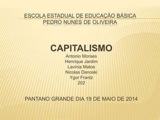 ESCOLA ESTADUAL DE EDUCAÇÃO BÁSICA 
PEDRO NUNES DE OLIVEIRA 
CAPITALISMO 
Antonio Moraes 
Henrique Jardim 
Lavinia Matos 
Nicolas Danoski 
Ygor Frantz 
202 
PANTANO GRANDE DIA 19 DE MAIO DE 2014 
 