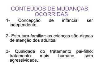 CONTEÚDOS DE MUDANÇAS
OCORRIDAS
1- Concepção de infância: ser
independente.
2- Estrutura familiar: as crianças são dignas
de atenção dos adultos.
3- Qualidade do tratamento pai-filho:
tratamento mais humano, sem
agressividade.
 