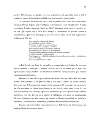 10
questões da filantropia, isso porque, com base na concepção de seguridade social, o SUS é
movido por valores de igualdade e equidade, sem discriminações ou privilégios.
“A construção do SUS se deu com a Constituição Federal de 1988, mais precisamente
em seu art 196 que ela passa a ser reconhecida como um direito social relatado como: A saúde
é um direito de todos e dever do Estado (art 196).” Além deste artigo também vamos ter no
Art. 198, que explica que o SUS deve abranger o atendimento de pessoas doentes e
principalmente a prevenção de doenças e um pouco mais a frente no Art. 200, as principais
atribuições do SUS são:
A prevenção e o tratamento de doenças;
A formulação de políticas públicas;
A execução de ações de saneamento básico;
O desenvolvimento tecnológico e científico;
A fiscalização e inspeção de alimentos e bebidas;
A colaboração com a proteção do meio ambiente;
O controle e a fiscalização de elementos de interesse para saúde;
A vigilância sanitária e epidemiológica;
A participação na produção de medicamentos, procedimentos, produtos e substâncias de
interesse da saúde;
A saúde do trabalhador,(CF, 1988).
A Lei Orgânica da Saúde é a que define as competências e atribuições dos governos
federal, estadual e municipal e também refere-se ao SUS de modo que as redes são
regionalizadas, ou seja atendem a um determinado território e hierarquizadas no qual ainda se
encontram muito incipientes.
Quando referimos a hierarquização devemos deixar claro que não se deve a sobrepor
poderes entre governos e sim prevista para a rede com o sentido de utilizar recursos
disponíveis para de forma racional atender melhor as pessoas. Os municípios em sua maioria
não têm condições de ofertar integralmente os serviços de saúde, desta forma faz –se
necessário que haja uma estratégia regional de atendimento que indica parcerias entre estado e
municípios, com isso deve-se haver centros de referências com graus de complexidade
diferentes. Importante entender também que quando se fala em integralidade de assistência
comtempla a continuidade do atendimento, quando for necessário em distintos níveis.
Podemos observar melhor esses aspectos através da Pirâmide de Hierarquização da
Saúde, conforme apresentamos abaixo:
 