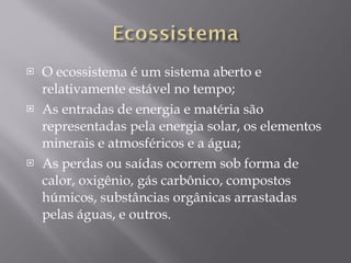 O ecossistema é um sistema aberto e relativamente estável no tempo; As entradas de energia e matéria são representadas pela energia solar, os elementos minerais e atmosféricos e a água;  As perdas ou saídas ocorrem sob forma de calor, oxigênio, gás carbônico, compostos húmicos, substâncias orgânicas arrastadas pelas águas, e outros. 