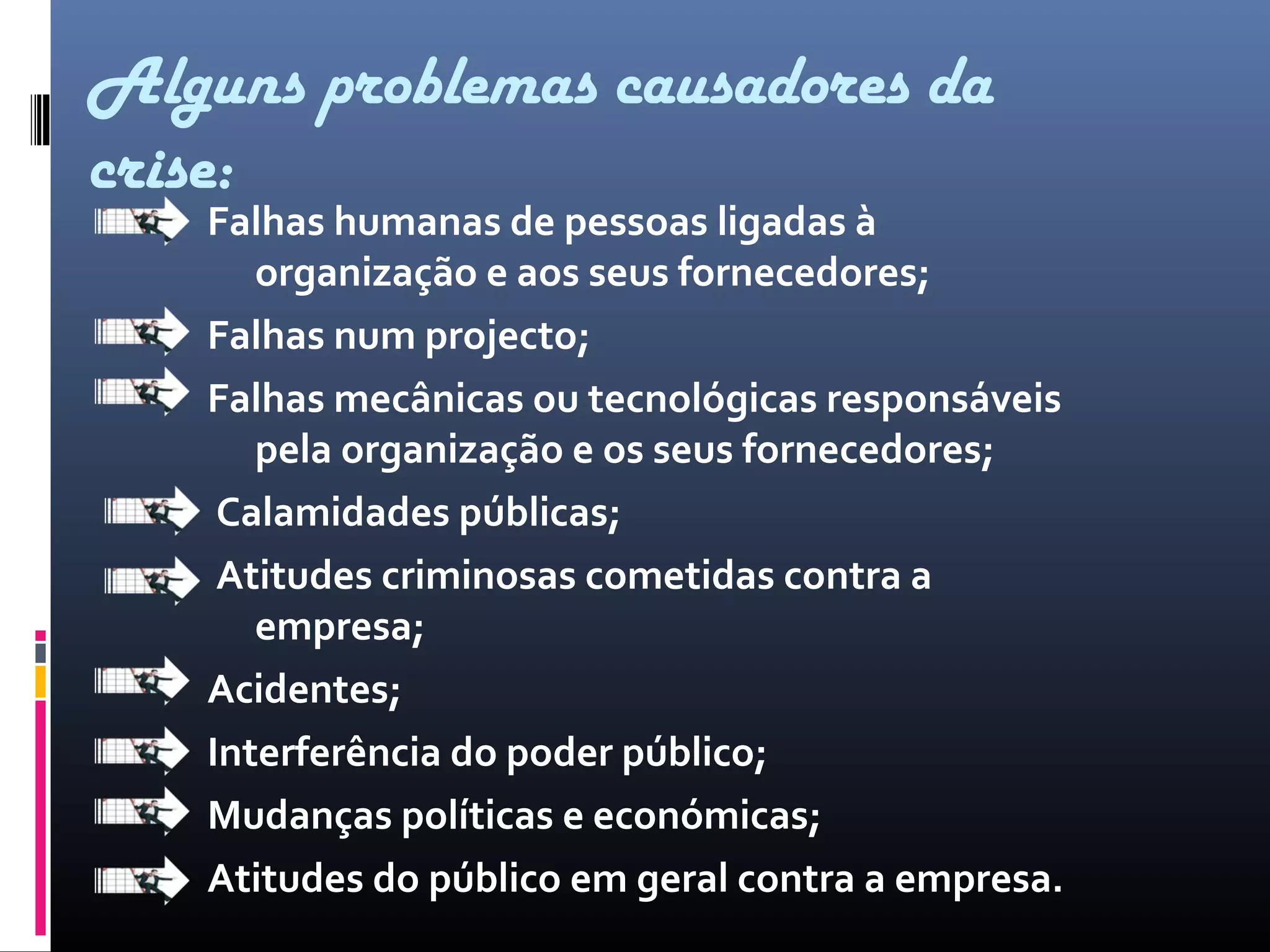 Falhas humanas de pessoas ligadas à
organização e aos seus fornecedores;
Falhas num projecto;
Falhas mecânicas ou tecnológicas responsáveis
pela organização e os seus fornecedores;
Calamidades públicas;
Atitudes criminosas cometidas contra a
empresa;
Acidentes;
Interferência do poder público;
Mudanças políticas e económicas;
Atitudes do público em geral contra a empresa.
Alguns problemas causadores da
crise:
 