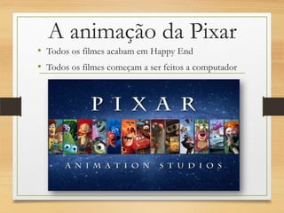 A animação da Pixar
• Todos os filmes acabam em Happy End
• Todos os filmes começam a ser feitos a computador
 