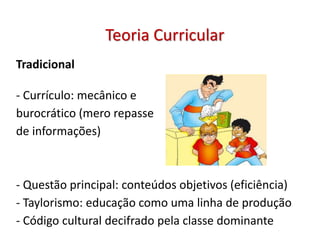 Tradicional
- Currículo: mecânico e
burocrático (mero repasse
de informações)
- Questão principal: conteúdos objetivos (eficiência)
- Taylorismo: educação como uma linha de produção
- Código cultural decifrado pela classe dominante
Teoria Curricular
 