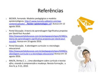 ● BECKER, Fernando. Modelos pedagógicos e modelos
epistemológicos. http:// www.marcelo.sabbatini.com/wp-
content/uploads/.../becker-epistemologias.pdf. Acesso em 12
agosto 2016.
● Portal Educação. A teoria da aprendizagem Significativa proposta
por David Paul Ausubel.
http://www.portaleducacao.com.br/pedagogia/artigos/42380/a-
teoria-da-aprendizagem-significativa-proposta-por-david-paul-
ausubel. Acesso em 10 agosto 2016.
● Portal Educação. A abordagem curricular e a tecnologia
educacional.
http://www.portaleducacao.com.br/pedagogia/artigos/42000/a-
abordagem-curricular-e-a-tecnologia-educacional Acesso em 10
agosto 2016.
● MALTA, Shirley C. L. ; Uma abordagem sobre currículo e teorias
afins, visando à compreensão e mudança. Revista Formação , v.
Ano IV, p. 9-21, 2010.
Referências
 