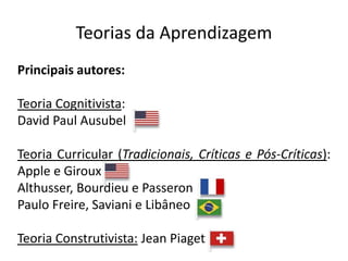 Teorias da Aprendizagem
Principais autores:
Teoria Cognitivista:
David Paul Ausubel
Teoria Curricular (Tradicionais, Críticas e Pós-Críticas):
Apple e Giroux
Althusser, Bourdieu e Passeron
Paulo Freire, Saviani e Libâneo
Teoria Construtivista: Jean Piaget
 