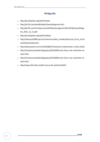 EducaçãoFísica__________________________________________________________________________________
_________________________________________________________________12º35
14
Webgrafia
o http://pt.wikipedia.org/wiki/Futebol;
o http://pt.fifa.com/worldfootball/lawsofthegame.html;
o http://pt.fifa.com/mm/document/affederation/generic/81/42/36/lawsofthega
me_2011_12_en.pdf;
o http://pt.wikipedia.org/wiki/Corfebol;
o http://www.prof2000.pt/users/maceira/saber_estudar/educacao_fisica_2ciclo
/voleibol/voleibol.htm;
o http://www.procrie.com.br/2010/08/27/evolucao-fundamentos-e-tatica-6223;
o http://muitomaisvoleibol.blogspot.pt/2010/09/como-fazer-uma-manchete-no-
volei.html;
o http://muitomaisvoleibol.blogspot.pt/2010/09/como-fazer-uma-manchete-no-
volei.html;
o http://www.aflinsider.net/afl-versus-the-world-korfball/.
 