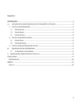 Sumário

INTRODUÇÃO .......................................................................................................................................................3
A-          ANÁLISE DE FALHAS EM RELAÇÃO ÀS VEDAÇÕES E ATUAÇÃO ...............................................3
     1.     VÁLVULAS DE BLOQUEIO .....................................................................................................................3
          1.1.      Válvula Gaveta .....................................................................................................................................3
          1.2.      Válvula Macho .....................................................................................................................................3
          1.3.      Válvulas Esferas ...................................................................................................................................4
     2.     VÁLVULAS DE REGULAGEM ................................................................................................................4
          2.1.      Válvula Globo.......................................................................................................................................4
          2.2.      Válvula Borboletas ...............................................................................................................................4
     3.     VÁLVULAS DE RETENÇÃO DE FLUXO ...............................................................................................5
B-          DEGRADAÇÃO DE DESEMPENHO ........................................................................................................5
          4.1.      As degradações de desempenho ...........................................................................................................6
5.        GRÁFICOS DE ASSINATURA DA VÁLVULA: ..........................................................................................8
CONCLUSÃO ..........................................................................................................................................................9
     REFERENCIAS .................................................................................................................................................10
ANEXOS...................................................................................................................................................................11
     Anexo A .............................................................................................................................................................12




                                                                                                                                                                          2
 
