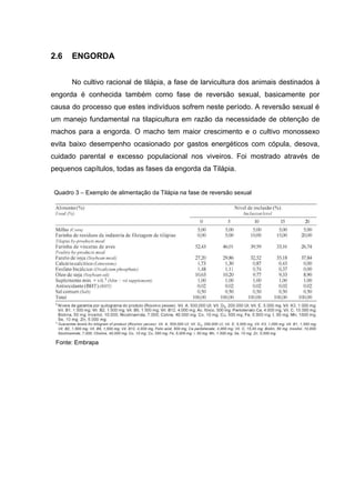 2.6    ENGORDA


       No cultivo racional de tilápia, a fase de larvicultura dos animais destinados à
engorda é conhecida também como fase de reversão sexual, basicamente por
causa do processo que estes indivíduos sofrem neste período. A reversão sexual é
um manejo fundamental na tilapicultura em razão da necessidade de obtenção de
machos para a engorda. O macho tem maior crescimento e o cultivo monossexo
evita baixo desempenho ocasionado por gastos energéticos com cópula, desova,
cuidado parental e excesso populacional nos viveiros. Foi mostrado através de
pequenos capítulos, todas as fases da engorda da Tilápia.


 Quadro 3 – Exemplo de alimentação da Tilápia na fase de reversão sexual




 Fonte: Embrapa
 