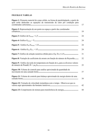 Marcelo Rosário da Barrosa
FIGURAS E TABELAS
Figura 1: Elemento material de corpo sólido, na forma de paralelepípedo, a partir do
qual serão deduzidas as equações da transmissão de calor por condução para
coordenadas cartesianas.................................................................................................. 17
Figura 2: Representação de um ponto no espaço a partir das coordenadas
cilíndricas........................................................................................................................ 19
Figura 3: Gráfico de Ebλmax × λ,T.................................................................................. 24
Figura 4: Gráfico Ebλmax × T.......................................................................................... 24
Figura 5: Gráfico Ebλ/Ebλmax × λT................................................................................. 24
Figura 6: Gráfico E0-λ/E0-∞ × λT.................................................................................. 24
Figura 7: Gráfico da solução numérica obtida para a Eq. D.c.1.ii.9............................. 31
Figura 8: Variação do coeficiente de arrasto em função do número de Reynolds........ 32
Figura 9: Gráfico da razão de temperatura em função de η, para os diversos valores
do número de Prandtl, Pr = µcp/k................................................................................... 35
Figura 10: Volume de controle para análise aproximada da quantidade de
movimento de uma camada limite................................................................................. 37
Figura 11: Volume de controle para balanço aproximado de energia dentro de uma
camada limite................................................................................................................. 39
Figura 12: Variação da velocidade instantânea com o tempo. Observa-se que os
valores aqui apresentados são bastante intuitivos.......................................................... 42
Figura 13: Comprimento de mistura para transferência de energia.............................. 44
iii
 