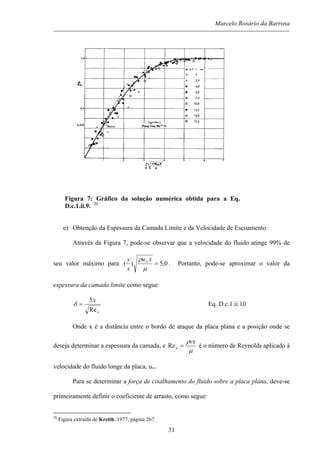 Marcelo Rosário da Barrosa
Figura 7: Gráfico da solução numérica obtida para a Eq.
D.c.1.ii.9. 20
e) Obtenção da Espessura da Camada Limite e da Velocidade de Escoamento:
Através da Figura 7, pode-se observar que a velocidade do fluido atinge 99% de
seu valor máximo para 0,5)( =∞
µ
ρ xu
x
y
. Portanto, pode-se aproximar o valor da
espessura da camada limite como segue:
x
x
Re
5
=δ Eq. D.c.1.ii.10
Onde x é a distância entre o bordo de ataque da placa plana e a posição onde se
deseja determinar a espessura da camada, e
µ
ρvx
x =Re é o número de Reynolds aplicado à
velocidade do fluido longe da placa, u∞.
Para se determinar a força de cisalhamento do fluido sobre a placa plana, deve-se
primeiramente definir o coeficiente de arrasto, como segue:
20
Figura extraída de Kreith, 1977, página 267.
31
 
