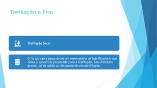 Trefilação a Frio
Trefilação Seca:
O fio ou barra passa entre um reservatório de lubrificante o que
deixa a superfície preparada para a trefilação. São utilizados
graxas, pó de sabão ou estearato de zincotrefilação.
 