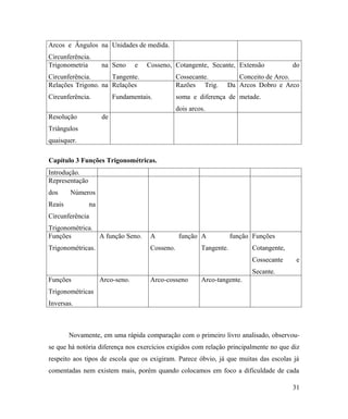 Arcos e Ângulos na Unidades de medida.
Circunferência.
Trigonometria        na Seno      e   Cosseno, Cotangente, Secante, Extensão               do
Circunferência.      Tangente.                    Cossecante.         Conceito de Arco.
Relações Trigono. na Relações                     Razões Trig.     Da Arcos Dobro e Arco
Circunferência.           Fundamentais.           soma e diferença de metade.
                                                  dois arcos.
Resolução            de
Triângulos
quaisquer.

Capítulo 3 Funções Trigonométricas.
Introdução.
Representação
dos     Números
Reais           na
Circunferência
Trigonométrica.
Funções         A função Seno.         A           função A            função Funções
Trigonométricas.                       Cosseno.            Tangente.         Cotangente,
                                                                             Cossecante     e
                                                                             Secante.
Funções              Arco-seno.        Arco-cosseno        Arco-tangente.
Trigonométricas
Inversas.



        Novamente, em uma rápida comparação com o primeiro livro analisado, observou-
se que há notória diferença nos exercícios exigidos com relação principalmente no que diz
respeito aos tipos de escola que os exigiram. Parece óbvio, já que muitas das escolas já
comentadas nem existem mais, porém quando colocamos em foco a dificuldade de cada

                                                                                           31
 