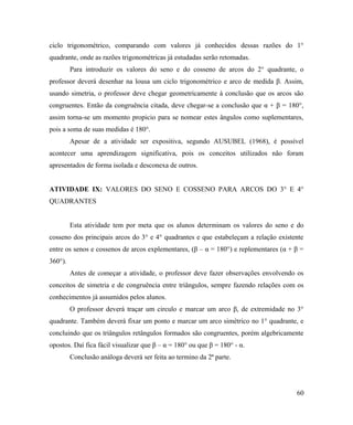 ciclo trigonométrico, comparando com valores já conhecidos dessas razões do 1°
quadrante, onde as razões trigonométricas já estudadas serão retomadas.
         Para introduzir os valores do seno e do cosseno de arcos do 2° quadrante, o
professor deverá desenhar na lousa um ciclo trigonométrico e arco de medida β. Assim,
usando simetria, o professor deve chegar geometricamente à conclusão que os arcos são
congruentes. Então da congruência citada, deve chegar-se a conclusão que α + β = 180°,
assim torna-se um momento propicio para se nomear estes ângulos como suplementares,
pois a soma de suas medidas é 180°.
         Apesar de a atividade ser expositiva, segundo AUSUBEL (1968), é possível
acontecer uma aprendizagem significativa, pois os conceitos utilizados não foram
apresentados de forma isolada e desconexa de outros.


ATIVIDADE IX: VALORES DO SENO E COSSENO PARA ARCOS DO 3° E 4°
QUADRANTES


         Esta atividade tem por meta que os alunos determinam os valores do seno e do
cosseno dos principais arcos do 3° e 4° quadrantes e que estabeleçam a relação existente
entre os senos e cossenos de arcos explementares, (β – α = 180°) e replementares (α + β =
360°).
         Antes de começar a atividade, o professor deve fazer observações envolvendo os
conceitos de simetria e de congruência entre triângulos, sempre fazendo relações com os
conhecimentos já assumidos pelos alunos.
         O professor deverá traçar um circulo e marcar um arco β, de extremidade no 3°
quadrante. Também deverá fixar um ponto e marcar um arco simétrico no 1° quadrante, e
concluindo que os triângulos retângulos formados são congruentes, porém algebricamente
opostos. Daí fica fácil visualizar que β – α = 180° ou que β = 180° - α.
         Conclusão análoga deverá ser feita ao termino da 2ª parte.




                                                                                      60
 