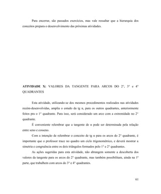 Para encerrar, são passados exercícios, mas vale ressaltar que a hierarquia dos
conceitos prepara o desenvolvimento das próximas atividades.




ATIVIDADE X: VALORES DA TANGENTE PARA ARCOS DO 2°, 3° e 4°
QUADRANTES


       Esta atividade, utilizando-se dos mesmos procedimentos realizados nas atividades
recém-desenvolvidas, amplia o estudo da tg α, para os outros quadrantes, anteriormente
feitos pra o 1° quadrante. Para isso, será considerado um arco com a extremidade no 2°
quadrante.
       É conveniente relembrar que a tangente de α pode ser determinada pela relação
entre seno e cosseno.
       Com a intenção de relembrar o conceito de tg α para os arcos do 2° quadrante, é
importante que o professor trace no quadro um ciclo trigonométrico, e deverá mostrar a
simetria e congruência entre os dois triângulos formados pelo 1° e 2° quadrantes.
       As ações sugeridas para esta atividade, não abrangem somente a descoberta dos
valores da tangente para os arcos do 2° quadrante, mas também possibilitam, ainda na 1ª
parte, que trabalhem com arcos do 3° e 4° quadrantes.




                                                                                    61
 