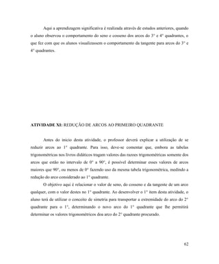 Aqui a aprendizagem significativa é realizada através de estudos anteriores, quando
o aluno observou o comportamento do seno e cosseno dos arcos do 3° e 4° quadrantes, o
que fez com que os alunos visualizassem o comportamento da tangente para arcos do 3° e
4° quadrantes.




ATIVIDADE XI: REDUÇÃO DE ARCOS AO PRIMEIRO QUADRANTE


       Antes do inicio desta atividade, o professor deverá explicar a utilização de se
reduzir arcos ao 1° quadrante. Para isso, deve-se comentar que, embora as tabelas
trigonométricas nos livros didáticos tragam valores das razoes trigonométricas somente dos
arcos que estão no intervalo de 0° a 90°, é possível determinar esses valores de arcos
maiores que 90°, ou menos de 0° fazendo uso da mesma tabela trigonométrica, medindo a
redução do arco considerado ao 1° quadrante.
       O objetivo aqui é relacionar o valor de seno, do cosseno e da tangente de um arco
qualquer, com o valor destes no 1° quadrante. Ao desenvolver o 1° item desta atividade, o
aluno terá de utilizar o conceito de simetria para transportar a extremidade do arco do 2°
quadrante para o 1°, determinando o novo arco do 1° quadrante que lhe permitirá
determinar os valores trigonométricos doa arco do 2° quadrante procurado.




                                                                                       62
 