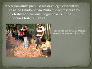 A região ainda possui o maior colégio eleitoral do
Brasil, no Estado de São Paulo que representa 22%
do eleitorado nacional, segundo o Tribunal
Superior Eleitoral (TSE)
Foto Tirada as 7 horas da Manhã,
Num dia de eleição, já havia fila.
 