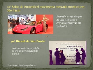 27° Salão do Automóvel movimenta mercado turístico em
São Paulo
Segundo a organização
do Salão em 2010 o
evento recebeu 750 mil
visitantes.
30ª Bienal de São Paulo
Uma das maiores exposições
de arte contemporânea do
mundo
Fonte: www.cidadedesaopaulo.com
 
