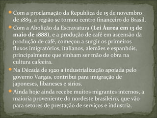Com a proclamação da Republica de 15 de novembro
de 1889, a região se tornou centro financeiro do Brasil.
Com a Abolição da Escravatura (Lei Áurea em 13 de
maio de 1888), e a produção de café em ascensão da
produção de café, começou a surgir os primeiros
fluxos imigratórios, italianos, alemães e espanhóis,
principalmente que vinham ser mão de obra na
cultura cafeeira.
Na Década de 1920 a industrialização apoiada pelo
governo Vargas, contribui para imigração de
japoneses, libaneses e sírios.
Ainda hoje ainda recebe muitos migrantes internos, a
maioria proveniente do nordeste brasileiro, que vão
para setores de prestação de serviços e industria.
 