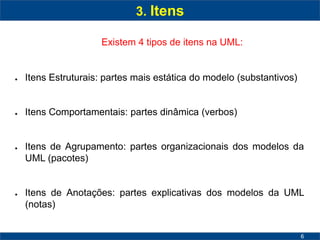 6 
3. Itens 
Existem 4 tipos de itens na UML: 
● Itens Estruturais: partes mais estática do modelo (substantivos) 
● Itens Comportamentais: partes dinâmica (verbos) 
● Itens de Agrupamento: partes organizacionais dos modelos da 
UML (pacotes) 
● Itens de Anotações: partes explicativas dos modelos da UML 
(notas) 
 