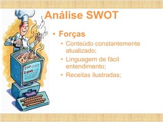 Análise SWOT
• Forças
• Conteúdo constantemente
atualizado;
• Linguagem de fácil
entendimento;
• Receitas ilustradas;
 