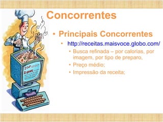 Concorrentes Principais Concorrentes http://receitas.maisvoce.globo.com/ Busca refinada – por calorias, por imagem, por tipo de preparo ,  Preço médio; Impressão da receita; 