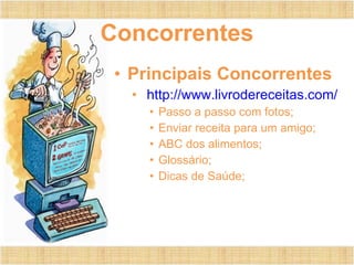Concorrentes Principais Concorrentes http://www.livrodereceitas.com/ Passo a passo com fotos; Enviar receita para um amigo; ABC dos alimentos; Glossário; Dicas de Saúde; 