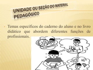 •   Temas específicos do caderno do aluno e no livro
    didático que abordem diferentes funções de
    profissionais.
 